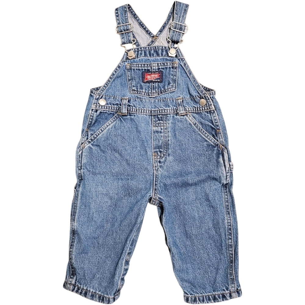 99' VTG Old Navy Baby Denim Overalls 6-12M Carpenter Style Snap Legs 100% Cotton